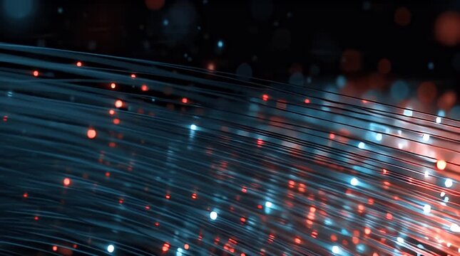 Digital data streams flowing through cyberspace in a premium cinematic steady cam glide for telecommunications infrastructure marketing