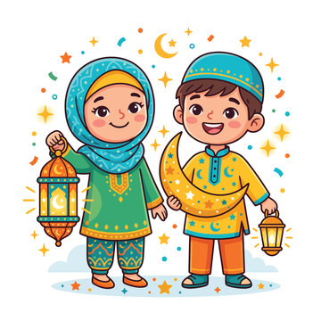 Cute cartoon Muslim children celebrating Eid or Ramadan, holding lanterns and a crescent moon, surrounded by stars.