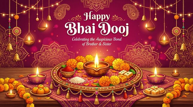 Happy Bhai Dooj Festive Vector Illustration Background with Puja Thali, Diya, and Sweets for Brother and Sister Celebration