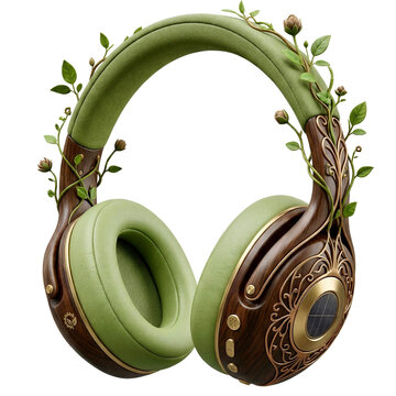 Creative design of headphones with green accents and floral details on a wood finish displayed on a transparent background