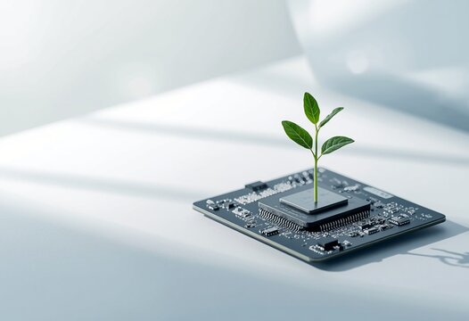 Green plant sprout growing from a computer cpu representing sustainable technology and innovation circuit board bio technology eco friendly