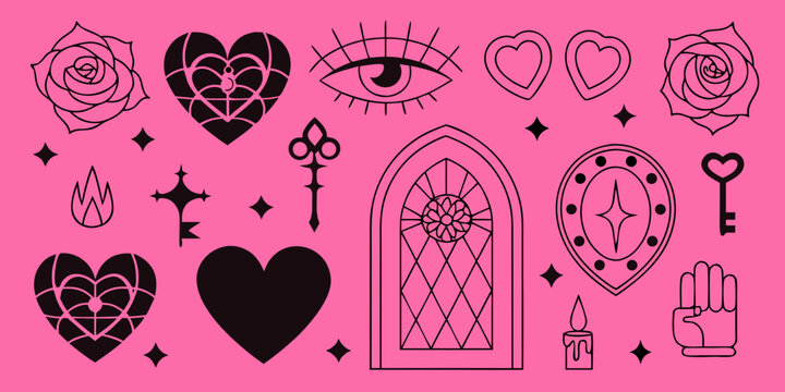 Gothic esoteric symbols collection black vector illustration on pink background