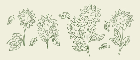 Hand-drawn illustration of sunflowers with butterflies, featuring multiple blooms and leaves on a light background, ideal for floral designs and nature themes © Olena