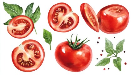 Naklejka premium Vibrant Watercolor Tomatoes: Juicy Slices, Whole Fruit, Basil, and Peppercorns