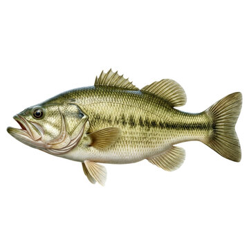 Large mouth bass swimming in clear water with visible fins and scales during daylight hours in a natural habitat on a transparent background