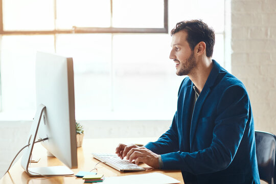 Review, reading or journalist in office with computer, draft edit or source feedback for article update. Digital, press or man in newsroom with tech, fact check or industry research for publication.