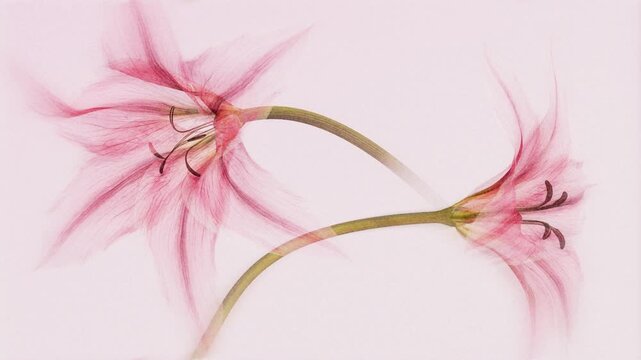 Two pink lilies blooming with translucent xray petals on soft pink background, digital nature horizontal video with elegant curved stems and dreamy blur for luxury wellness and art branding