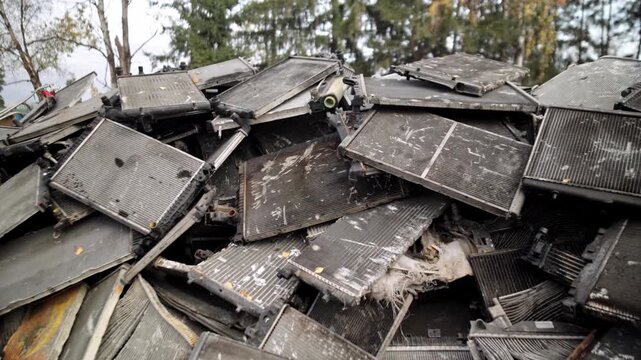 
Recycling of old cars. Automotive scrap. Recycling. Ecology and the environment. Scrap metal from old, destroyed cars. Metal recycling.