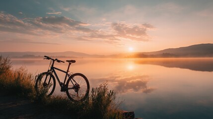 Fototapeta premium Bicycle stands beside a tranquil lake during sunrise, enveloped in soft mist and warm light, creating a peaceful outdoor setting for recreation