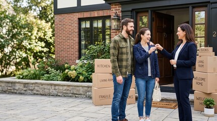 Fototapeta premium Couple receiving house keys from real estate agent outside their new home with moving boxes