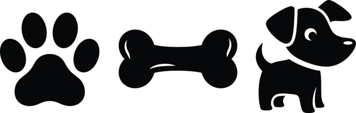 Black silhouette of a dog paw print bone and dog bone dog silhouette black and white animal