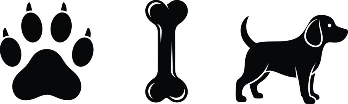 Black silhouette of a dog paw print bone and dog on white background dog paw print bone silhouette black white pet animal canine mammal treat food symbol