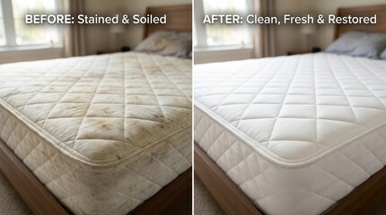 Naklejka premium Mattress showing before stained and soiled condition and after clean restored condition on bed frame in bedroom setting