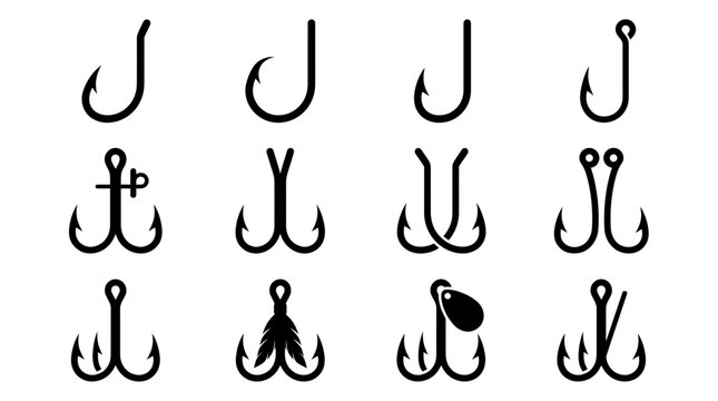Collection of various black fishing hook icons in different styles including single double and treble hooks on white background, representing angling gear, provides tools for sport fishing design