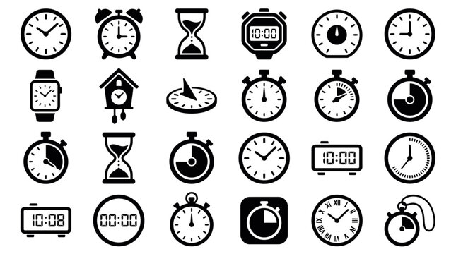 Collection of various black clock and time icons featuring stopwatches alarm clocks hourglasses and digital displays on white background, illustrating professional scheduling and planning