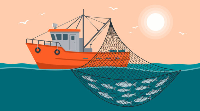 Commercial orange fishing boat trawler harvesting fish with large net underwater in calm turquoise ocean waters under sunset sky, Symbolizing industrial fishing, illustrating seafood supply