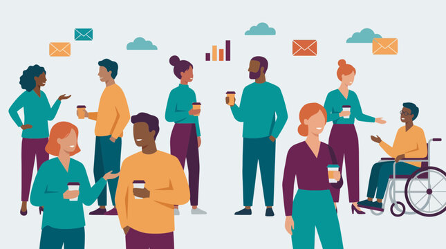 Diverse multicultural professionals talking and holding coffee cups in a modern collaborative workspace environment, symbolizing workplace inclusivity and representing effective communication