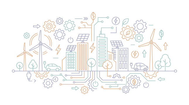 Modern line art illustration of smart city with wind turbines, solar panels and electric vehicles integrated with circuits, representing sustainable development and symbolizing clean energy