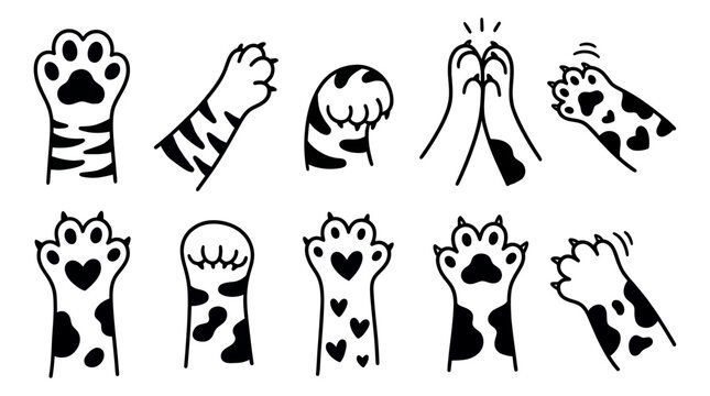 Hand-drawn black and white cat paw illustrations featuring various patterns like stripes, spots and hearts in different gestures, Symbolizing pet care branding and expressing kitten love