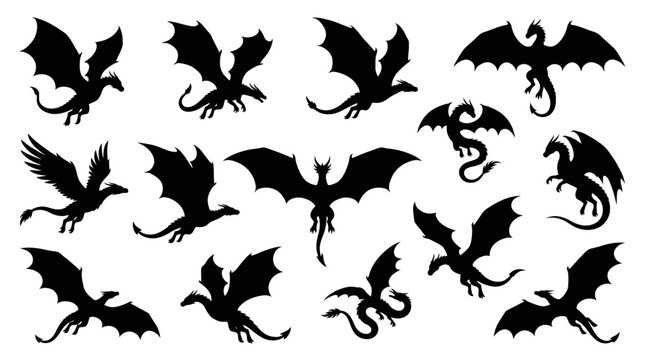 Large set of mythical flying dragon silhouettes in various dynamic poses isolated on white background, representing fantasy gaming elements and illustrating graphic design assets