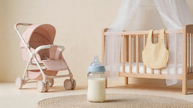Baby stroller crib and bottle in nursery