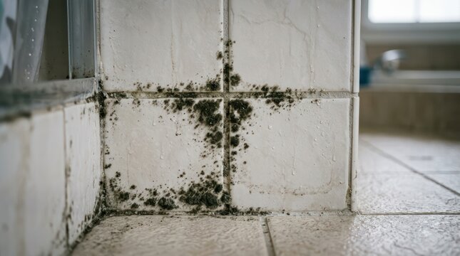 Mold and mildew growing on grout corner of white ceramic tiles in bathroom floor and wall junction, damp neglected interior surface