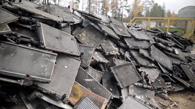 
Recycling of old cars. Automotive scrap. Recycling. Ecology and the environment. Scrap metal from old, destroyed cars. Metal recycling.