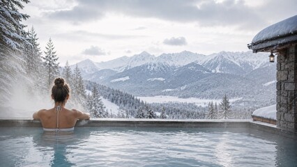 Fototapeta premium Serene Winter Retreat: Woman Relaxing in a Hot Tub with Mountain View