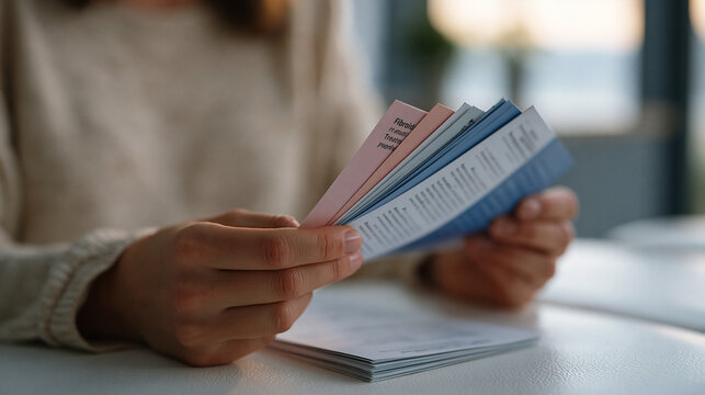 Close-up of trembling female hands holding fibroid treatment brochures fanned across sterile exam table, uterine health decision, gynecological condition management, patient empowerment, fluorescent