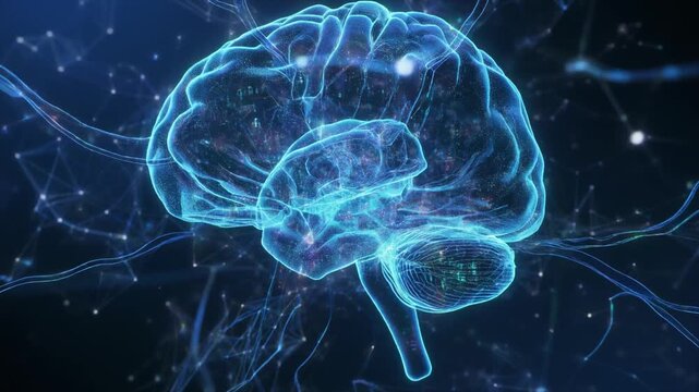 Glowing digital human brain model with neural network connections pulsing in a dark blue space