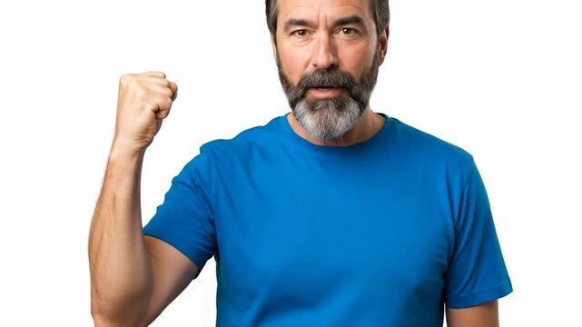Confident man flexing his arm in a blue t-shirt