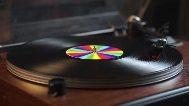 Playback of Long Play Vinyl Record on Vintage Turntable in Room Ambience, Close Up