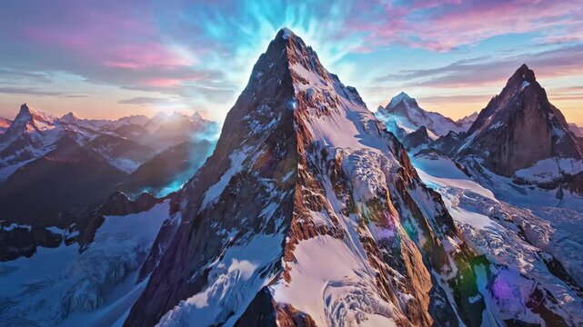 Majestic snow-capped mountain peak illuminated by vibrant aurora borealis at sunset, dramatic sky, epic landscape, adventure and exploration, breathtaking nature