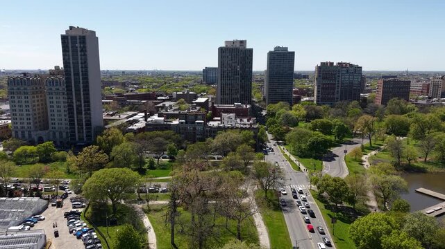 Drone Shot of Lincoln Park Residential Neighborhood of Chicago USA, Towers and Landscape on Sunny Day