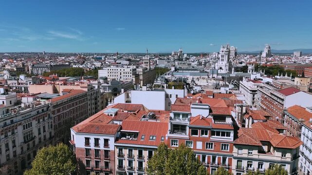 Aerial view of Madrid skyline from Gran Via toward Cibeles axis