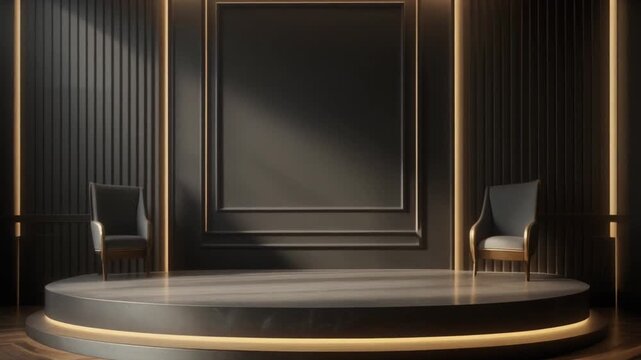 Elegant circular stage with two luxury chairs inside a dark modern studio for video interviews