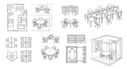 Obraz premium Modern Office Workspace Furniture Vector Collection with Planning Layouts
