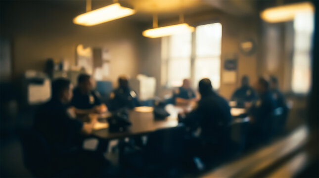 Blurred image of a police task force at a negotiating table, symbolizing teamwork