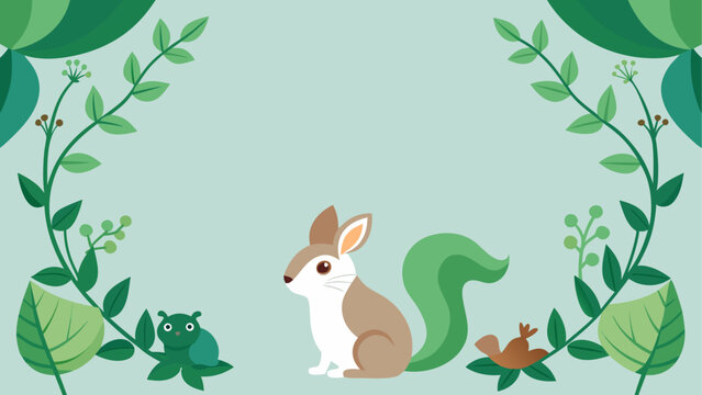 Whimsical forest animals, cute squirrel, rabbit, and frog illustrations, green leafy border, nature vector graphics