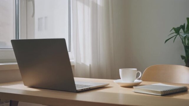 Modern remote work desk with laptop, coffee cup and smartphone near bright apartment window, freelance productivity, Scandinavian workspace, work from home lifestyle, minimalist office setup, natural 