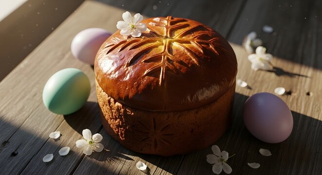 Easter bread and eggs with spring flowers
