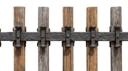 Naklejka premium PNG of Close-up of a rustic wooden fence with iron accents, showcasing contrasting textures.