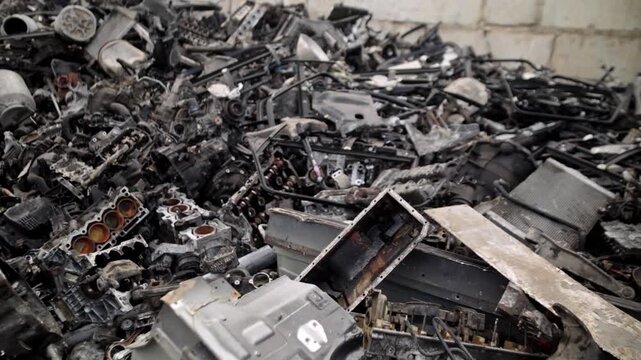 
Recycling of old cars. Automotive scrap. Recycling. Ecology and the environment. Scrap metal from old, destroyed cars. Metal recycling.