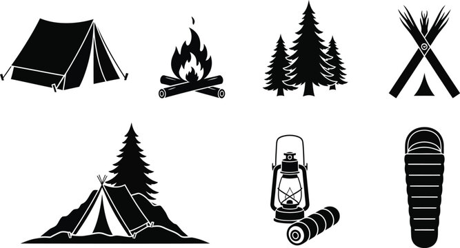 Black silhouette of camping equipment and nature scenes camping tent silhouette campfire silhouette pine trees silhouette