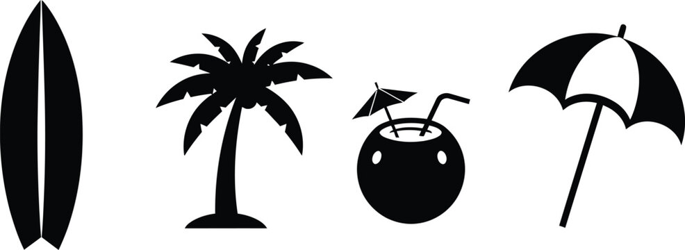 Black silhouette of surfboard palm tree coconut drink and umbrella on white background