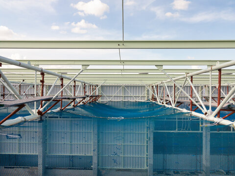 Industrial building under construction featuring metal roof truss frameworks or beam to support purlin with safety netting beneath sky. Infrastructure development within factory or warehouse project.
