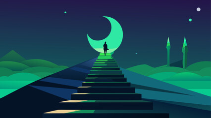 Naklejka premium Fantasy, mystical pathway, crescent moon, nighttime landscape, vector illustration