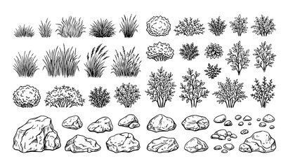 Minimal grass bush and stone outline vector collection isolated on white © MdRabbi