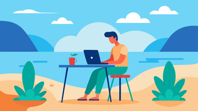Remote worker, beachside office, laptop on vacation, tropical getaway, digital nomad