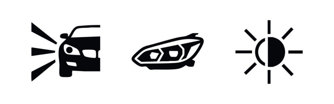Car headlight and automotive lighting icons set for vehicle safety